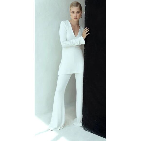 Sans Faff Rachel Enviro Ribbed Flared Leggings Women's White Tall Knit Pull On - Picture 7 of 8